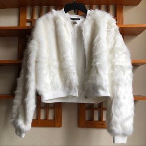 Brandy Melville White Faux Fur Bomber Jacket